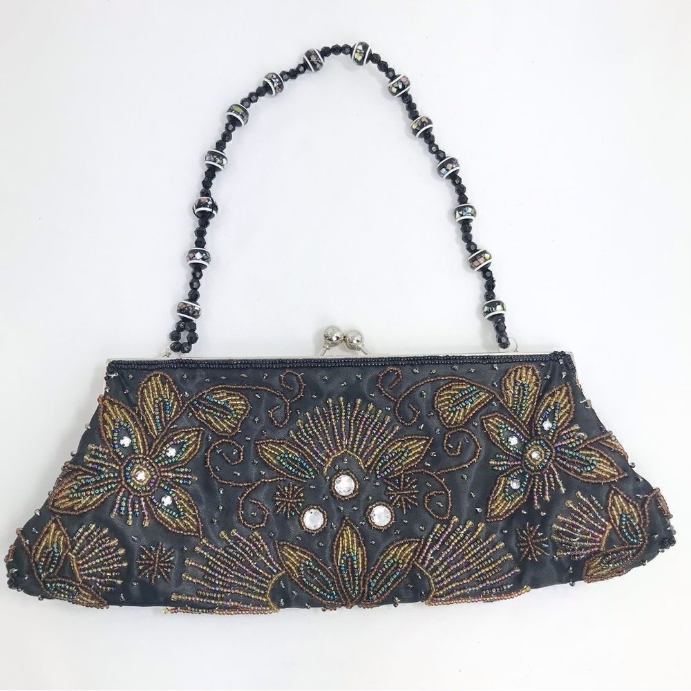 Apt. 9 Black Satin Beaded Floral Sparkle Bead Handle Mini Evening Bag